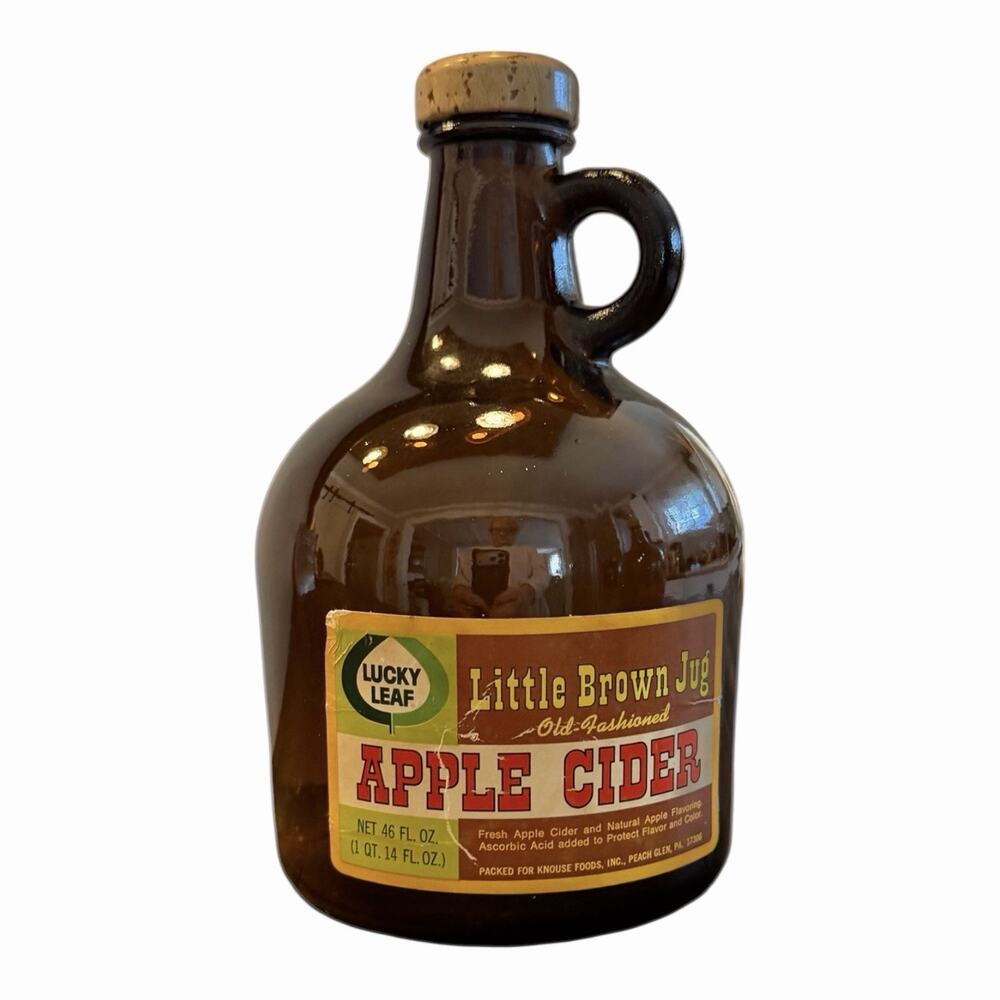 Vintage Lucky Leaf Little Brown Jug Apple Cider 46oz Empty Knouse Peach Glen